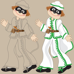 coloring page for children with masks of the Italian commedia dell'arte brighella