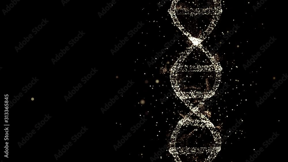 Poster genetics heredity concept. 3d animation of dna consisting of particles with ancestors' genetic trait