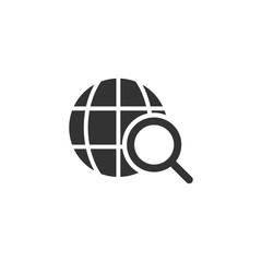 Globe search icon in flat style. Network navigation vector illustration on white isolated background. Global geography loupe business concept.