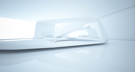 Abstract architectural smooth white interior of a minimalist house with swimming pool. 3D illustration and rendering.