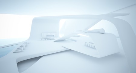 Abstract architectural smooth white interior of a minimalist house with swimming pool. 3D illustration and rendering.