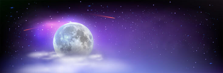 Beautiful wide picture of space with full moon hidden behind the clouds. Mystical night sky with stars comets and milky way. Vector illustration.