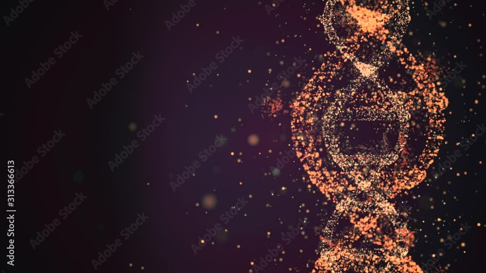 Poster dna evolution concept. loopable video of abstract particles forming a dna frame and spinning in spac