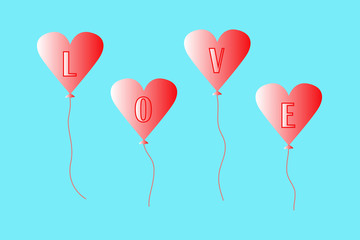 Fototapeta na wymiar Balloon heart shape, word Love. Red balloons fly across the blue sky. Wallpapers for Valentine's day, mother's day, wedding.