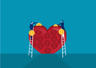 valentine businessman and woman planning save money in big heart, Financial wealth concept.vector