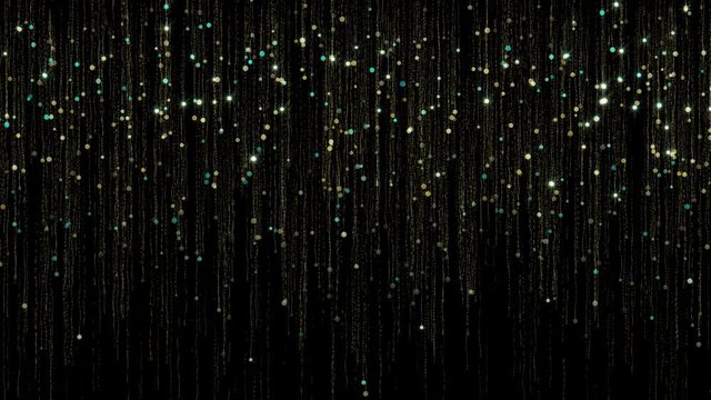 Elegant looped motion  background 4K rain of falling gold and blue glitter particles and Golden threads. Festive effect with sequins. For screensavers, Valentine's day, wedding decor, greetings.