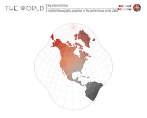 Polygonal world map. Modified stereographic projection for the conterminous United States of the world. Red Grey colored polygons. Trending vector illustration.