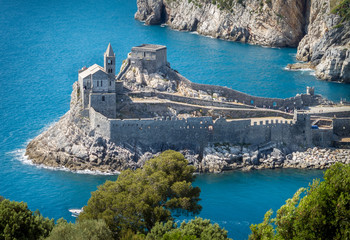 Porto Venere (Portovenere), Liguria, Italy: beautiful aerial scenic view of the Church of St. Peter...