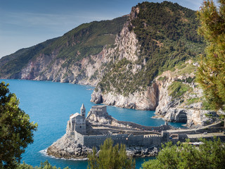 Porto Venere (Portovenere), Liguria, Italy: beautiful aerial scenic view of the Church of St. Peter...