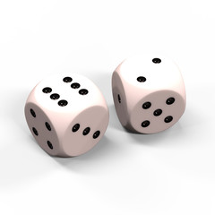 Two White Dice with Sum of Eight (8) Isolated on White Background. 3D Render.