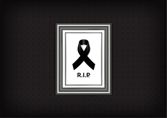 Mock up Mourning symbol with Black Respect ribbon and Frame on Texture background Banner. Rest in Peace Funeral card Vector Illustration.