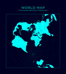 Map of The World. Transverse spherical Mercator projection. Futuristic Infographic world illustration. Bright cyan colors on dark background. Authentic vector illustration.