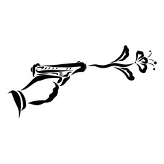 male hand shoots a pistol, a flower instead of a bullet