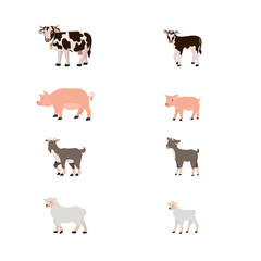 Set of of cute  farm animals isolated on white background. Goat, , cow, pig,  and sheep. Mom and cub. Vector illustration