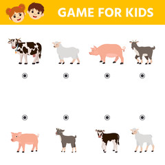 Game for children. Find the way from the animal mom to young. Goat, Cow, sheep, Pig. Educational worksheet for kids.