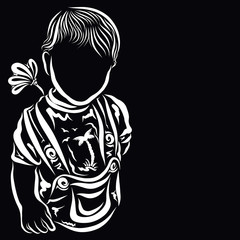 little boy hides a beautiful flower behind his back, black background