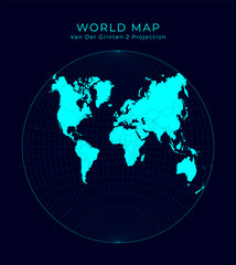Map of The World. Van der Grinten II projection. Futuristic Infographic world illustration. Bright cyan colors on dark background. Beautiful vector illustration.