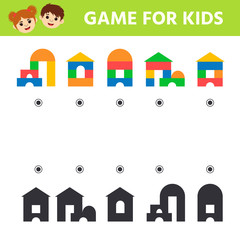 Education logic game for preschool kids. Kids activity sheet. Find the correct shadow of childish towers. Children funny riddle entertainment.