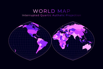 World Map. Quartic authalic projection interrupted into two hemispheres. Digital world illustration. Bright pink neon colors on dark background. Creative vector illustration.