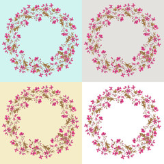 wreath set from drawing blooming pink wild Malva silvestris with copy space