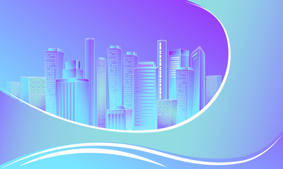 Skyline neon blue, abstract city vector background, space for text or headline. 