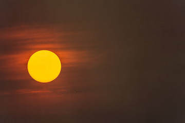 A big yellow sun in a smokey red sky casued by nearby bush fires