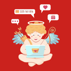 Blogger cupid amur carefully answers incoming letters and gift and love wishes in a laptop and sits cross-leggedly relaxed around minimal chat bubbles. Vector flat illustration or St. Valentine's Day.
