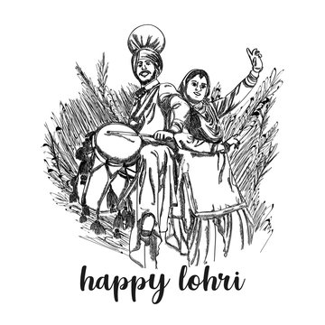 Vector illustration of punjabi couple dancing bhangra with dhol on the punjabi festival Happy lohri.