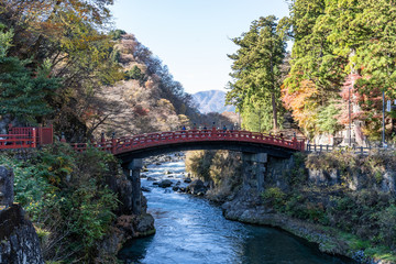 Fototapeta na wymiar Day scene of Shinkyo bridge over Daiwa river at Nikko, Tochigi Prefecture, Japan