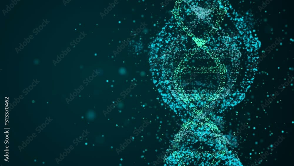 Poster journey into dna chain. 4k video of complex dna hologram rotating among many bokeh particles flying 