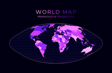 World Map. Pseudocylindrical equal-area Goode homolosine projection. Digital world illustration. Bright pink neon colors on dark background. Authentic vector illustration.