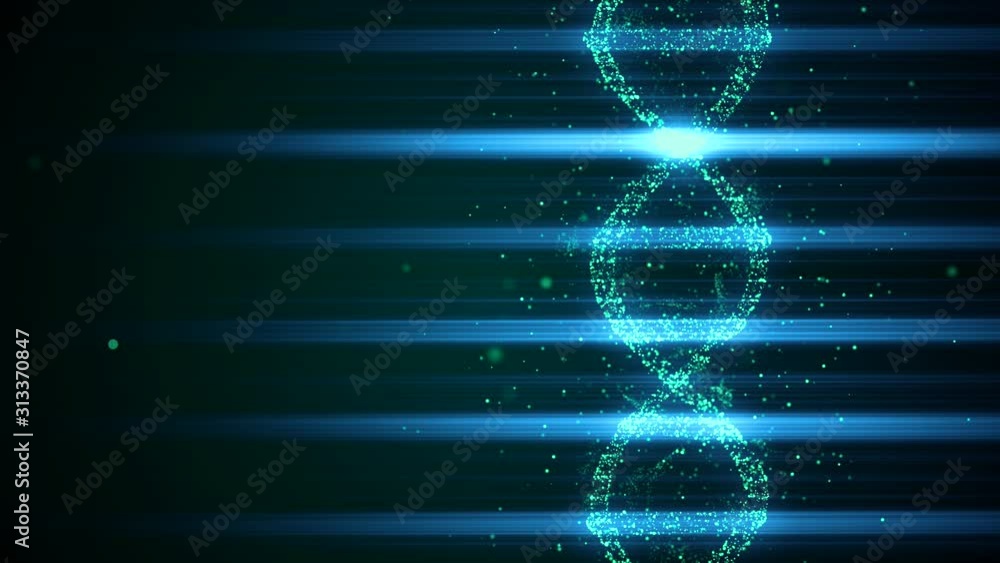 Poster virtual dna generated from abstract space dust is turning around illuminated by purple light rays.