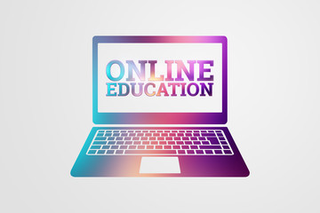 The inscription Online Education is colored on the background of a laptop icon on a light background. Technology concept, alternative knowledge acquisition, online training.