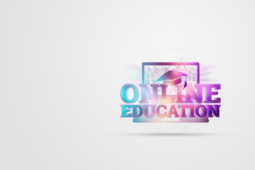 The inscription Online Education is colored on the background of a laptop icon on a light background. Technology concept, alternative knowledge acquisition, online training.