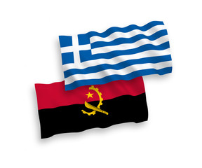 Obraz premium National vector fabric wave flags of Greece and Angola isolated on white background. 1 to 2 proportion.