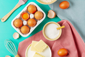 Rustic baking ingredients flat lay. Homemade pastry, baking. Top view flat lay background. Copy space. Healthy organic food
