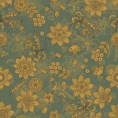 Beautiful floral ornament with folk motifs. Seamless pattern with flowers, leaves and berries. Print for fabric and textile.