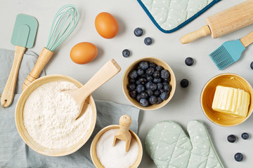 Rustic baking ingredients flat lay. Homemade pastry, baking. Top view flat lay background. Copy space. Healthy organic food