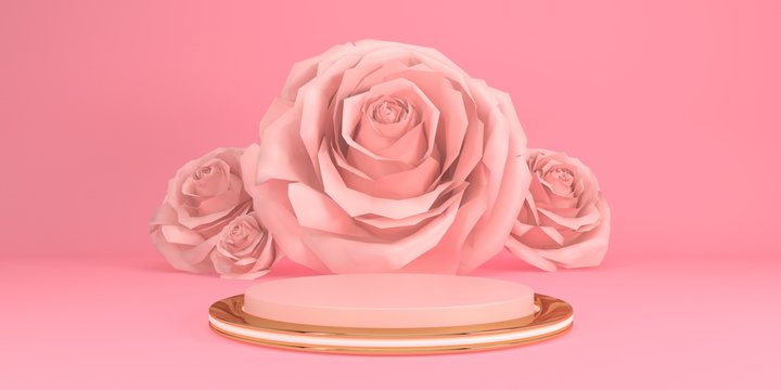 Simple Pink Studio Background With Podiums And Roses For Product 3d Render