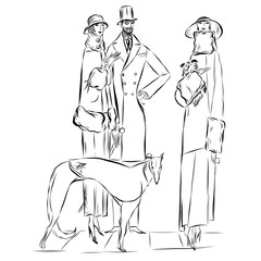 Elegant vintage woman with dog. Female modal dressed in 19th century style clothes. Old fashioned. Nostalgia time. Romantic victorian elegant people.