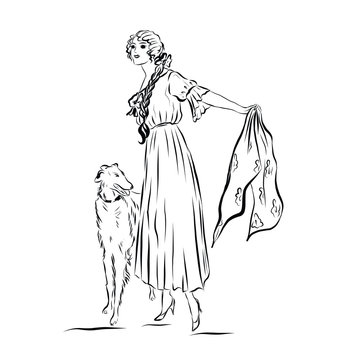 Elegant vintage woman with dog. Female modal dressed in 19th century style clothes. Old fashioned. Nostalgia time. Romantic victorian elegant people.