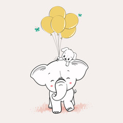 Cute elephant and cute dog with balloons cartoon hand drawn vecter illustration. Use for Happy birthday invitation card, T-shirt print, baby shower.