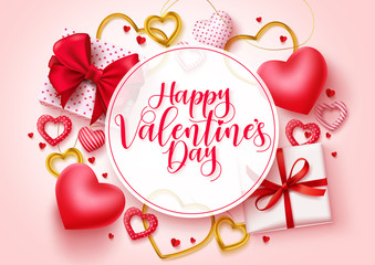 Fototapeta na wymiar Valentines day vector template background. Happy valentines day greeting typography in white circle space for text with hearts, gifts, and jewelry elements. Vector Illustration