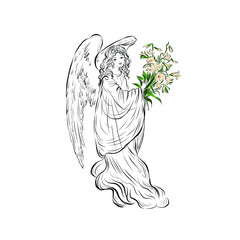 Christmas angel line drawing, graphic religion icon, human with wings, can be flyer, black and white texture for card, banner or poster design, print for decor paper or clothes. 