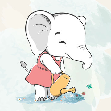 Cute baby elephant watering the flower water color cartoon hand drawn vecter illustration. Use for Happy birthday invitation card, T-shirt print, baby shower.
