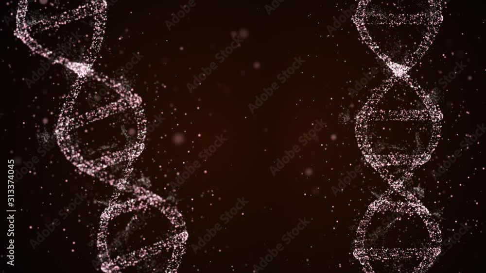 Poster two helix strand dna models against a dark background with flying bokeh particles around.