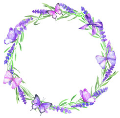 Fototapeta na wymiar Watercolor frame wreath with lavender and butterflies.