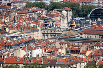 Fototapeta na wymiar The City Hall (Hotel de Ville) of Lyon, France, seen from the Basilica of Notre-Dame de Fourvière