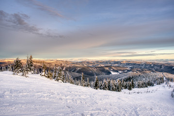 Beautiful winter landscape with small hills and snow-covered fir trees. czech beskydy