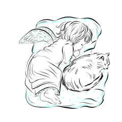 Christmas angel line drawing, graphic religion icon, human with wings, can be flyer, black and white texture for card, banner or poster design, print for decor paper or clothes. 